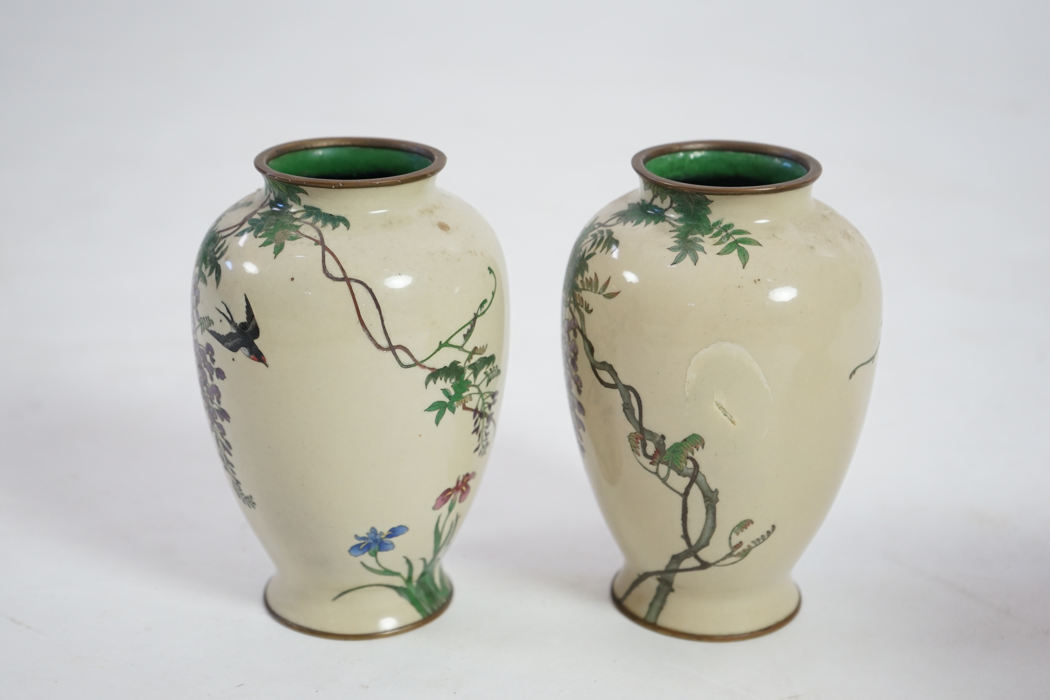 A pair of Japanese silver wire cloisonné enamel vases, late Meiji